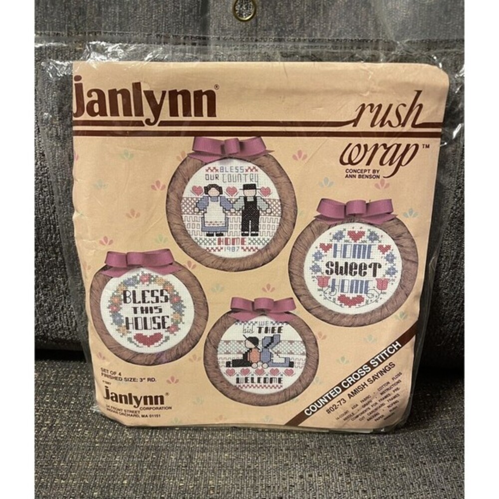 New Unopened Janlynn Rush Wrap Cross Stitch Amish Sayings 02-73 Set Of 4 3” Hoop
